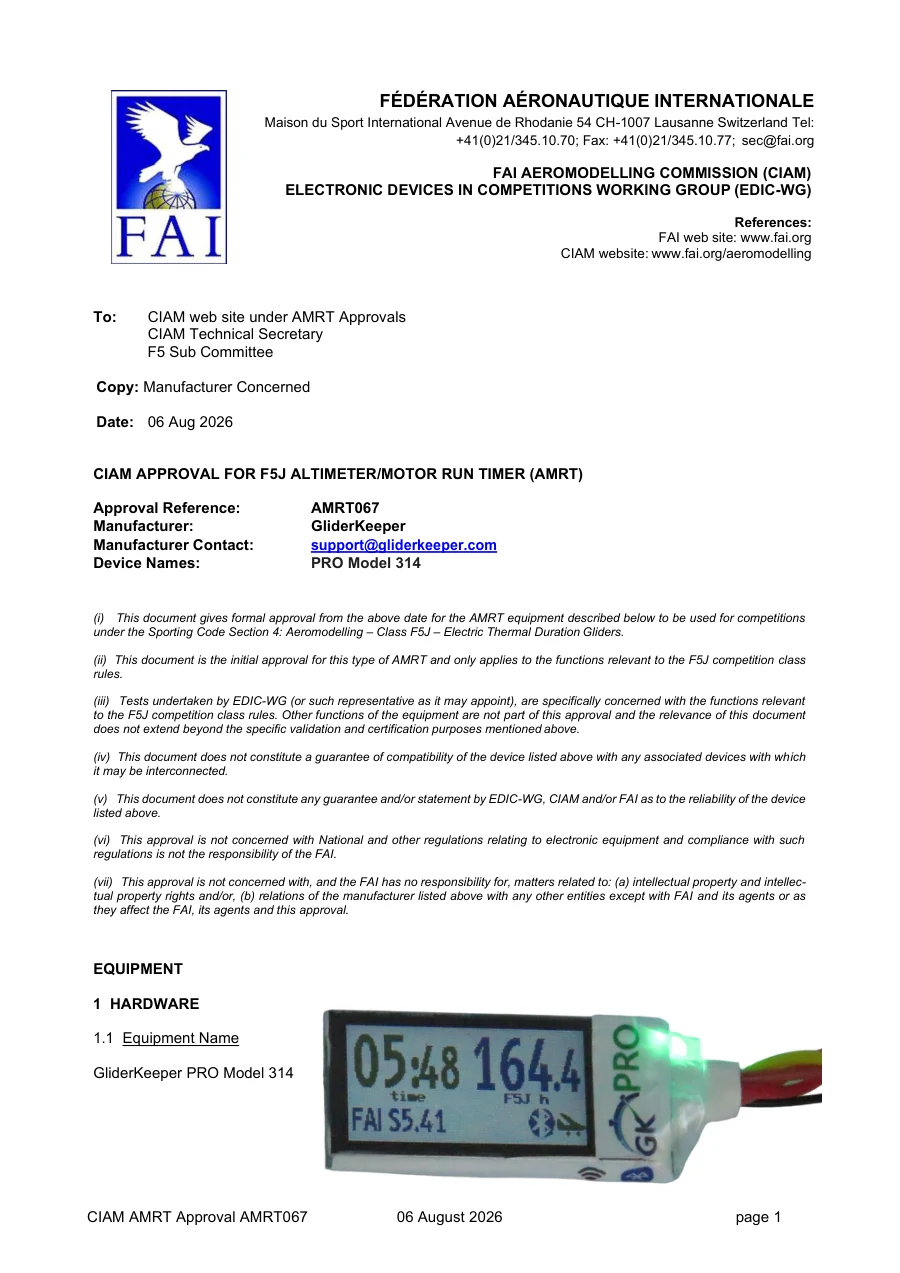 FAI AMRT067 approval letter for the GliderKeeper Pro