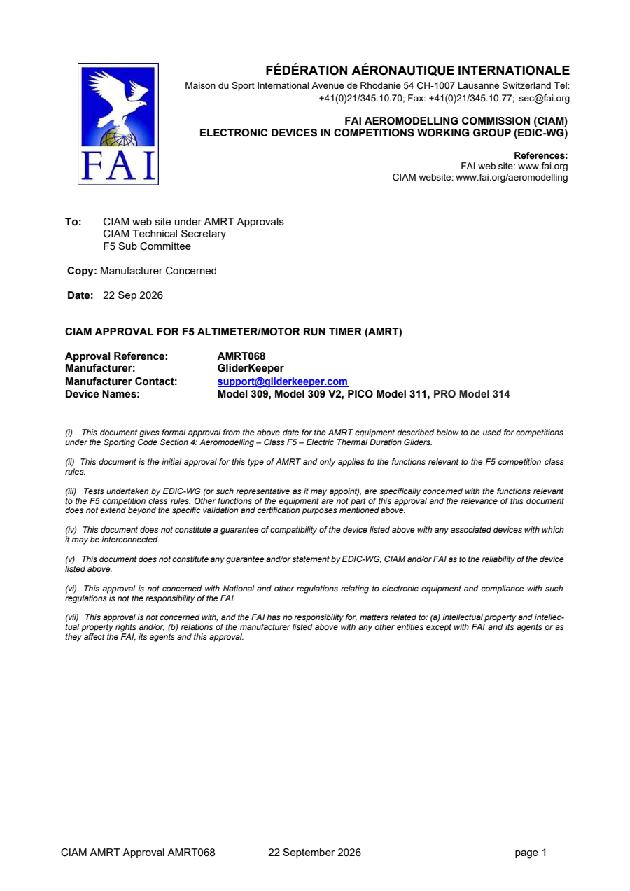 FAI-Zulassungsschreiben AMRT068 für GliderKeeper mit Firmware 5.42